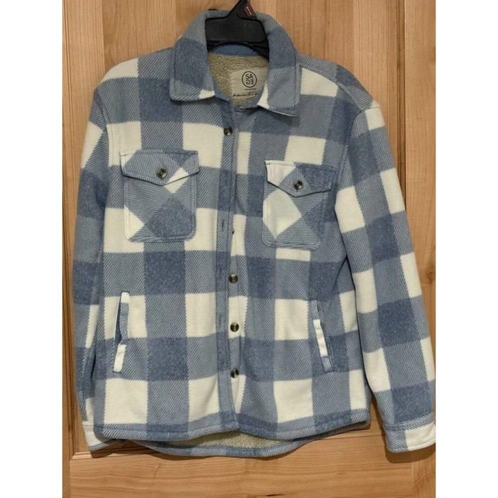S/P SA Collective Blue & White Plaid Fleece Shacket Jacket EUC